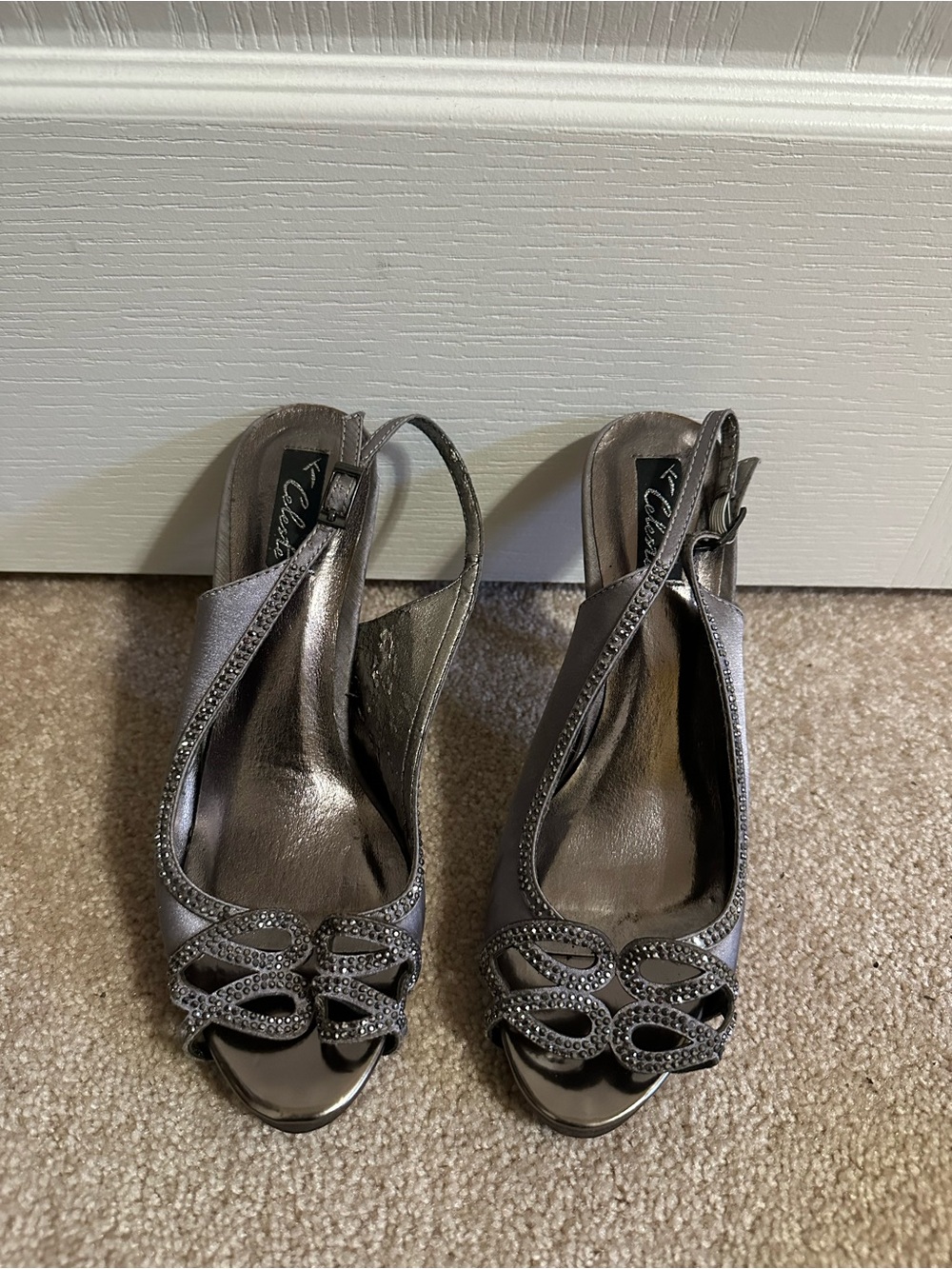 Metallic Gray Slingback Peep-Toe Heels